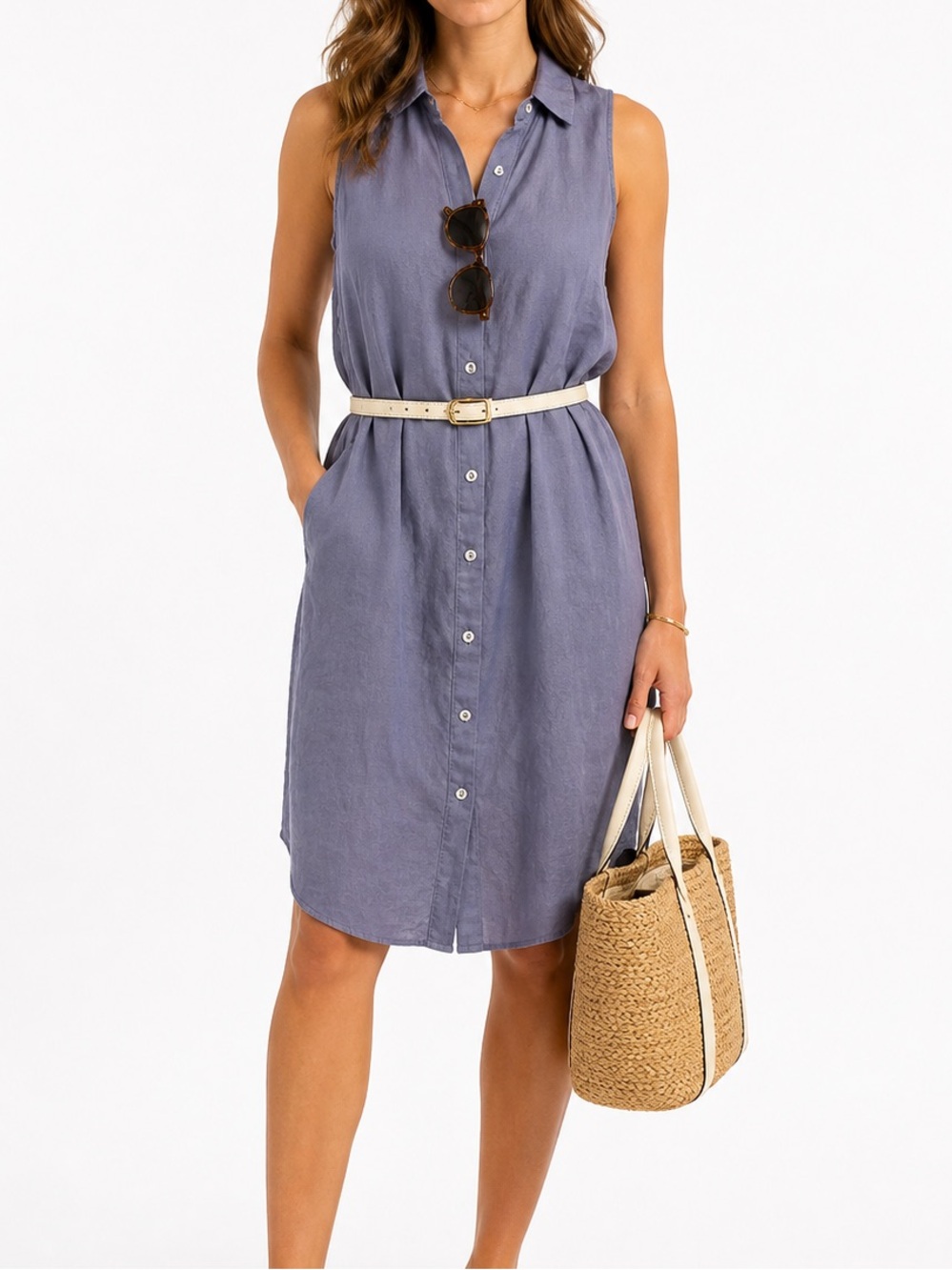 Women’s Linen Blend Sleeveless Button Down Collared Dress- Purple Blue Size L